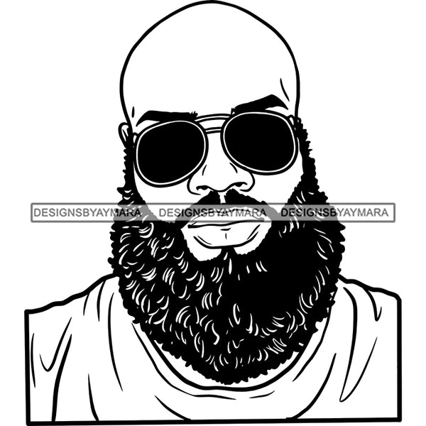 Afro Man Portrait Good Looking Sunglasses Bearded Bald Hairstyle Illustration B/W SVG JPG PNG Vector Clipart Cricut Silhouette Cut Cutting