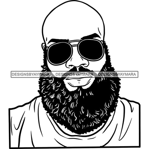 Afro Man Portrait Good Looking Sunglasses Bearded Bald Hairstyle Illustration B/W SVG JPG PNG Vector Clipart Cricut Silhouette Cut Cutting