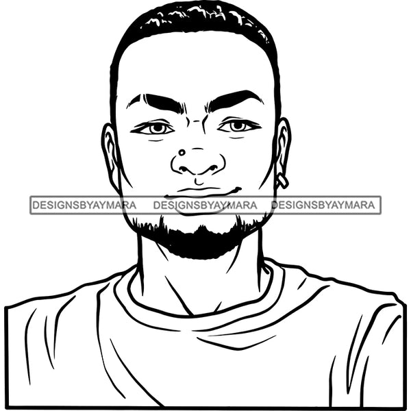 Afro Young Man Portrait Goatee Beard Nose Ring Hoop Earring Style Illustration B/W SVG JPG PNG Vector Clipart Cricut Silhouette Cut Cutting