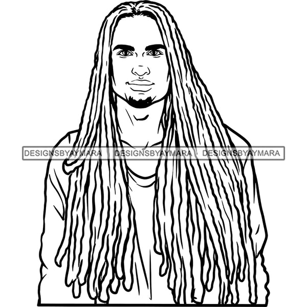 Afro Man Portrait Attractive Goatee Beard Long Dreadlocks Hairstyle B/W SVG JPG PNG Vector Clipart Cricut Silhouette Cut Cutting