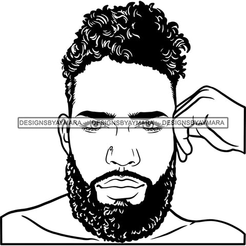 Afro Young Man Portrait Attractive Confident Bearded Short Curly Hairstyle B/W SVG JPG PNG Vector Clipart Cricut Silhouette Cut Cutting