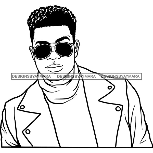 Afro Young Man Portrait Handsome Sunglasses Turtleneck Sweater Jacket Stylish B/W SVG JPG PNG Vector Clipart Cricut Silhouette Cut Cutting