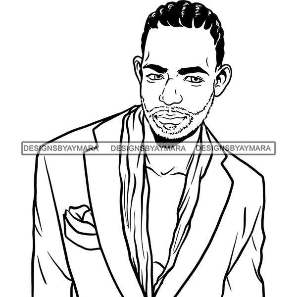 Afro Man Portrait Attractive Wearing Suit Jacket Beard Cornrows Hairstyle B/W SVG JPG PNG Vector Clipart Cricut Silhouette Cut Cutting