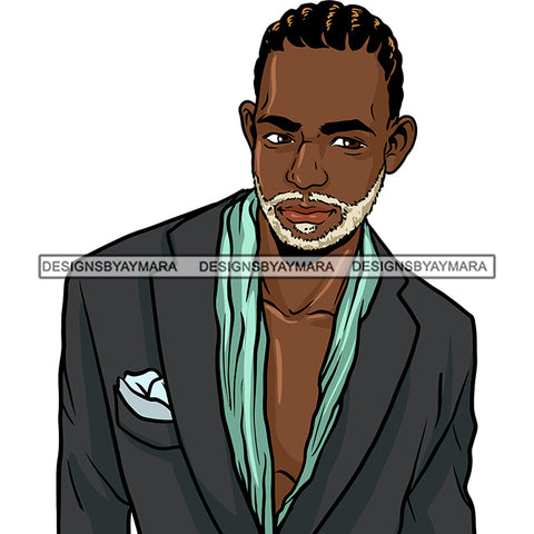 Afro Man Portrait Attractive Wearing Suit Jacket White Beard Cornrows Hairstyle SVG JPG PNG Vector Clipart Cricut Silhouette Cut Cutting