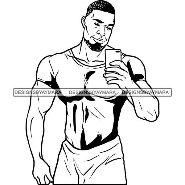 Afro Man Handsome Muscular Taking Selfie Beard Short Haircut B/W SVG JPG PNG Vector Clipart Cricut Silhouette Cut Cutting