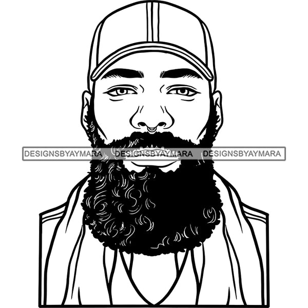 Afro Man Portrait Picture Handsome Bearded Wearing Beanie Fashion Style B/W SVG JPG PNG Vector Clipart Cricut Silhouette Cut Cutting