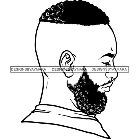 Afro Man Profile Picture Handsome Bearded Bull-Ring Piercing Undercut Hairstyle B/W SVG JPG PNG Vector Clipart Cricut Silhouette Cut Cutting