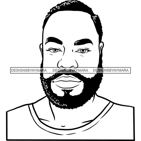 Afro Man Portrait Looking Camera Beard Short Hairstyle Illustration B/W SVG JPG PNG Vector Clipart Cricut Silhouette Cut Cutting