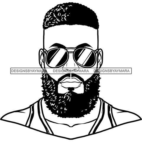 Afro Man Portrait Picture Handsome Sunglasses Bearded Undercut Hairstyle B/W SVG JPG PNG Vector Clipart Cricut Silhouette Cut Cutting