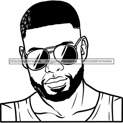 Afro Man Portrait Attractive Sunglasses Bearded Short Trendy Haircut B/W SVG JPG PNG Vector Clipart Cricut Silhouette Cut Cutting