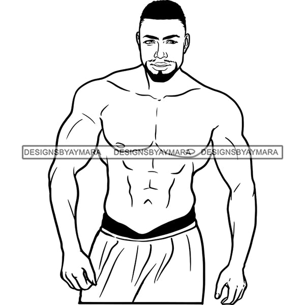 Afro Man Portrait Muscular Lovely Shirtless Goatee Beard Trendy Hairstyle B/W SVG JPG PNG Vector Clipart Cricut Silhouette Cut Cutting