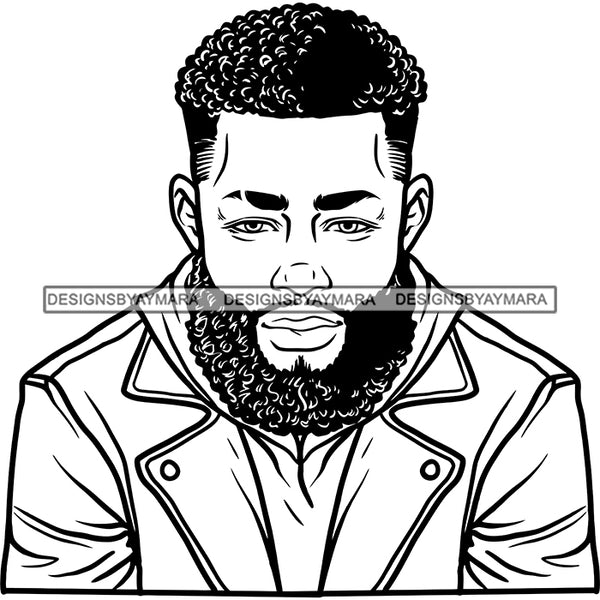 Afro Man Portrait Picture Charismatic Bearded Trendy Hairstyle Illustration B/W SVG JPG PNG Vector Clipart Cricut Silhouette Cut Cutting