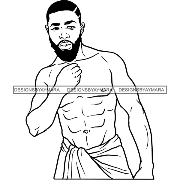 Afro Man Portrait Athletic Body Towel Wrapped Waist Bearded Trendy Haircut B/W SVG JPG PNG Vector Clipart Cricut Silhouette Cut Cutting