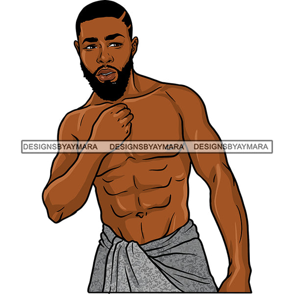 Afro Man Portrait Athletic Body Towel Wrapped Waist Bearded Trendy Haircut SVG JPG PNG Vector Clipart Cricut Silhouette Cut Cutting