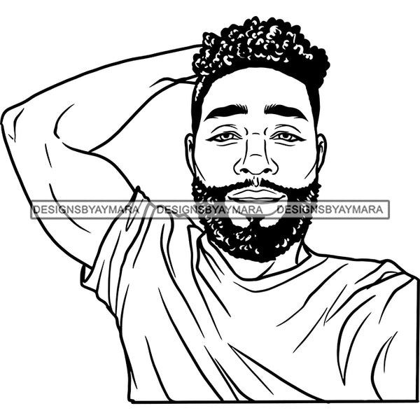 Afro Man Portrait Picture Charismatic Lovely Bearded Trendy Hairstyle Illustration B/W SVG JPG PNG Vector Clipart Cricut Silhouette Cut Cutting