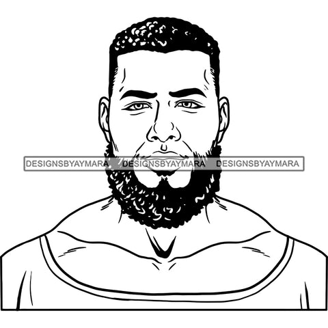 Afro Man Portrait Muscular Charismatic Lovely Bearded Trendy Hairstyle B/W SVG JPG PNG Vector Clipart Cricut Silhouette Cut Cutting