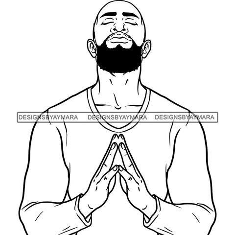 Afro Man Portrait Face Up Eyes Closed Praying Bearded Bald Hairstyle Illustration B/W SVG JPG PNG Vector Clipart Cricut Silhouette Cut Cutting
