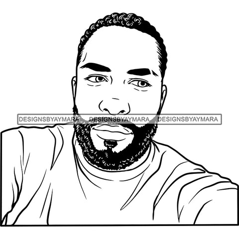 Afro Man Portrait Selfie Good Looking Bearded Short Curly Hairstyle Illustration B/W SVG JPG PNG Vector Clipart Cricut Silhouette Cut Cutting