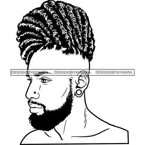 Afro Man Profile Good Looking Tunnel Earring Beard Updo Cornrows Hairstyle B/W SVG JPG PNG Vector Clipart Cricut Silhouette Cut Cutting