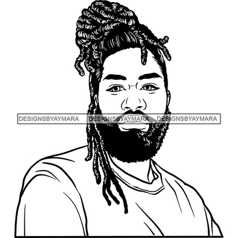 Afro Man Picture Good Looking Beard Updo Dreadlocks Hairstyle B/W SVG JPG PNG Vector Clipart Cricut Silhouette Cut Cutting