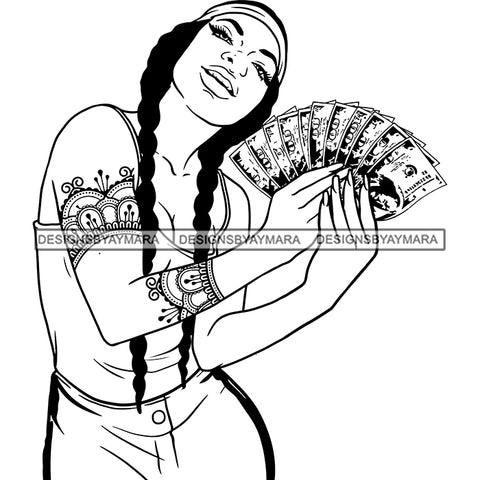 Gangsta Gangster Woman Money Stack Tattoo Gold Ponytail Badass Hustler Hustling Savage Melanin Nubian Hipster Ghetto Street Girl SVG JPG PNG Vector Clipart Cricut Silhouette Cut Cutting