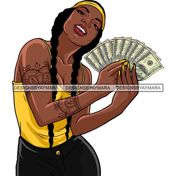 Gangsta Gangster Woman Money Stack Ponytails Badass Hustler Hustling Savage Melanin Nubian Hipster Ghetto Street Girl SVG JPG PNG Vector Clipart Cricut Silhouette Cut Cutting