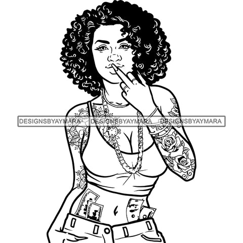 Gangsta Gangster Woman Money Stack Gold Chain Middle Finger Tattoo Diva Badass Hustler Hustling Savage Melanin Nubian Hipster Ghetto Street Girl SVG JPG PNG Vector Clipart Cricut Silhouette Cut Cutting