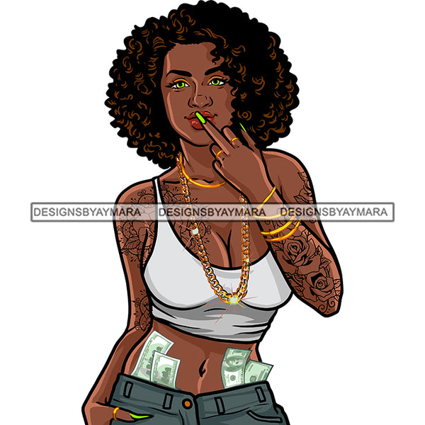 Gangsta Gangster Woman Money Stack Gold Chain Middle Finger Tattoo Diva Badass Hustler Hustling Savage Melanin Nubian Hipster Ghetto Street Girl SVG JPG PNG Vector Clipart Cricut Silhouette Cut Cutting