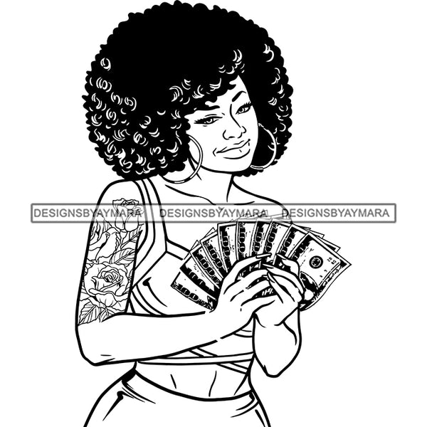 Gangsta Gangster Woman Money Stack Afro Hair Badass Hustler Hustling Savage Melanin Nubian Hipster Ghetto Street Girl SVG JPG PNG Vector Clipart Cricut Silhouette Cut Cutting