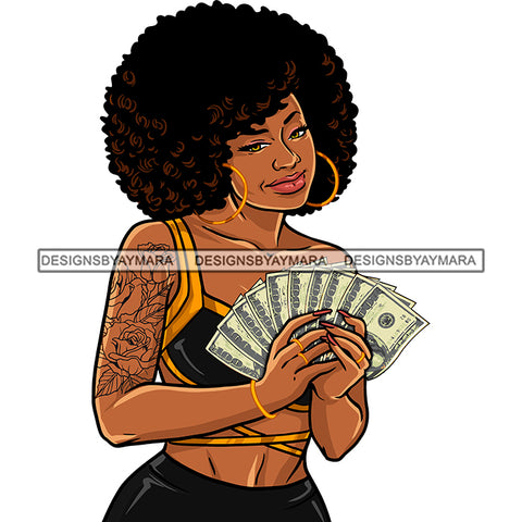 Gangsta Gangster Woman Money Stack Afro Hair Badass Hustler Hustling Savage Melanin Nubian Hipster Ghetto Street Girl SVG JPG PNG Vector Clipart Cricut Silhouette Cut Cutting