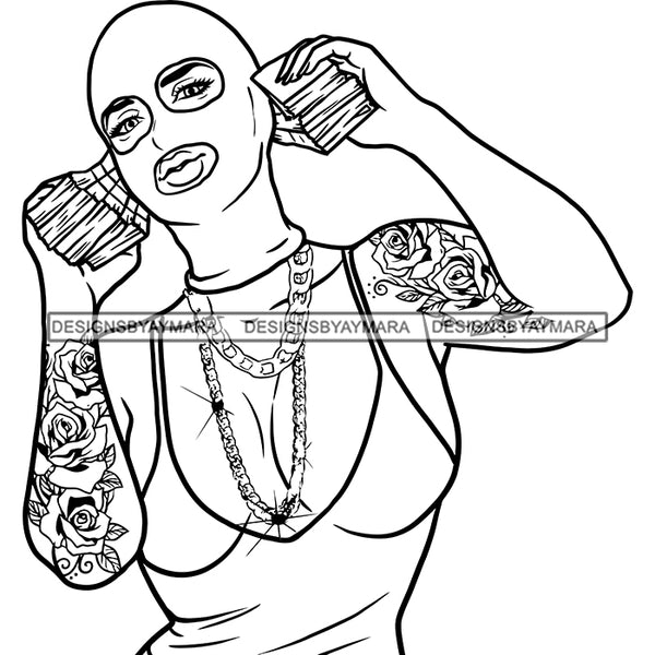 Gangsta Gangster Woman Money Stack Ski Mask Badass Arm Sleeve Tattoo Hustler Hustling Savage Melanin Nubian Hipster Ghetto Street Girl SVG JPG PNG Vector Clipart Cricut Silhouette Cut Cutting