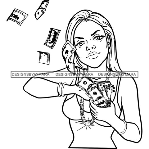 Gangsta Gangster Woman Money Stack Throwing Cash Badass Hustler Hustling Savage Melanin Nubian Hipster Ghetto Street Girl SVG JPG PNG Vector Clipart Cricut Silhouette Cut Cutting