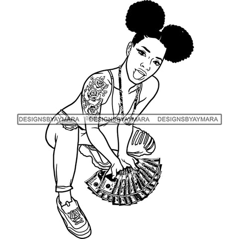 Gangsta Gangster Woman Money Stack Squatting Diva Badass Hustler Hustling Savage Melanin Nubian Hipster Ghetto Street Girl SVG JPG PNG Vector Clipart Cricut Silhouette Cut Cutting