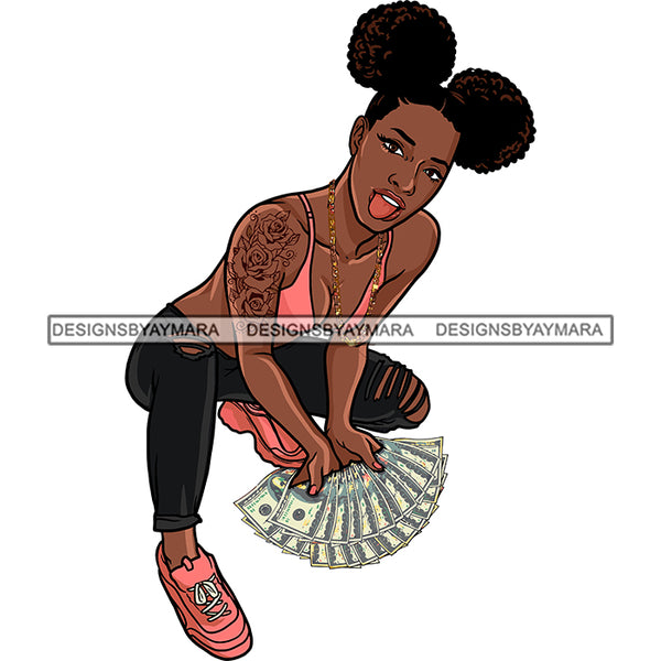 Gangsta Gangster Woman Money Stack Squatting Diva Badass Hustler Hustling Savage Melanin Nubian Hipster Ghetto Street Girl SVG JPG PNG Vector Clipart Cricut Silhouette Cut Cutting