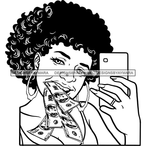 Gangsta Gangster Woman Money Stack Selfie Badass Hustler Hustling Savage Melanin Nubian Hipster Ghetto Street Girl SVG JPG PNG Vector Clipart Cricut Silhouette Cut Cutting