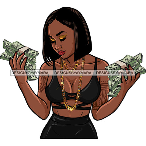 Gangsta Gangster Woman Money Stack Cash Gold Chain Badass Hustler Hustling Savage Melanin Nubian Hipster Ghetto Street Girl SVG JPG PNG Vector Clipart Cricut Silhouette Cut Cutting