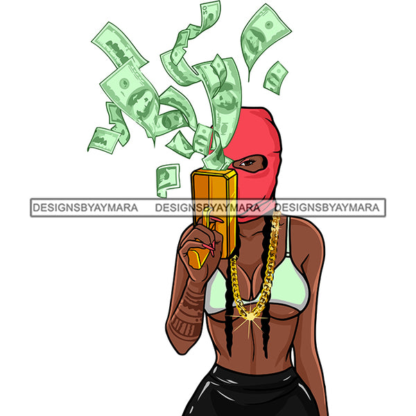 Gangsta Gangster Woman Shutting Money 100 Dollar Bill Ski Mask Badass Hustler Hustling Savage Melanin Nubian Hipster Ghetto Street Girl SVG JPG PNG Vector Clipart Cricut Silhouette Cut Cutting