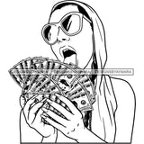 Sexy Gangster Diva Gangsta Woman Licking Money Stack Glasses Head Scarf Badass Hustler Hustling Savage Melanin Nubian Hipster Ghetto Street Girl SVG JPG PNG Vector Clipart Cricut Silhouette Cut Cutting