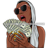 Sexy Gangster Diva Gangsta Woman Licking Money Stack Glasses Head Scarf Badass Hustler Hustling Savage Melanin Nubian Hipster Ghetto Street Girl SVG JPG PNG Vector Clipart Cricut Silhouette Cut Cutting