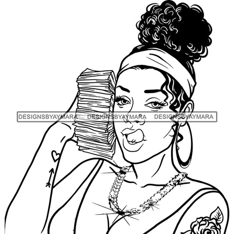 Gangsta Gangster Woman Holding Stack Of Money Tongue Out Badass Hustler Hustling Savage Melanin Nubian Hipster Ghetto Street Girl SVG JPG PNG Vector Clipart Cricut Silhouette Cut Cutting