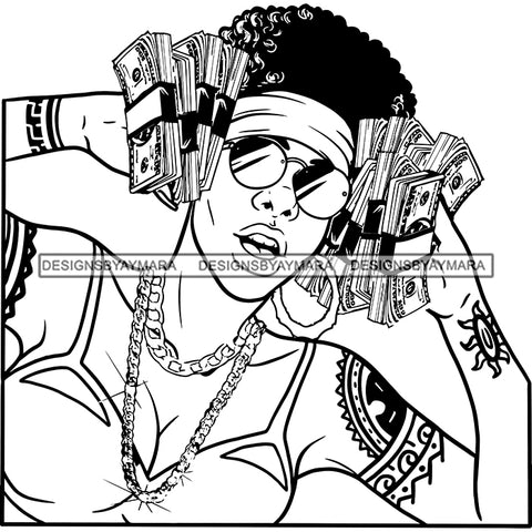 Sexy Gangster Diva Gangsta Woman Money Stack Glasses Tattoo Gold Chain Badass Hustler Hustling Savage Melanin Nubian Hipster Ghetto Street Girl SVG JPG PNG Vector Clipart Cricut Silhouette Cut Cutting