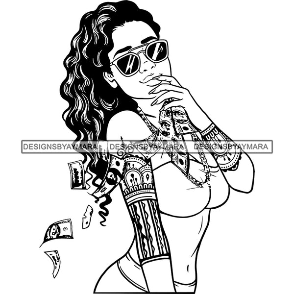 Sexy Gangster Diva Gangsta Woman Money Flying Tattoo Arm Sleeve Sunglasses Badass Hustler Hustling Savage Melanin Nubian Hipster Ghetto Street Girl SVG JPG PNG Vector Clipart Cricut Silhouette Cut Cutting