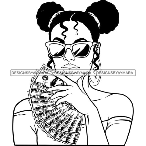 Sexy Gangster Diva Gangsta Woman Money Flying Tattoo Arm Sleeve Sunglasses Afro Puff Ponytails Badass Hustler Hustling Savage Melanin Nubian Hipster Ghetto Street Girl SVG JPG PNG Vector Clipart Cricut Silhouette Cut Cutting