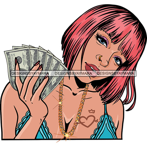 Sexy Gangster Diva Gangsta Woman Holding Money Spread Heart Tattoo Badass Hustler Hustling Savage Melanin Nubian Hipster Ghetto Street Girl SVG JPG PNG Vector Clipart Cricut Silhouette Cut Cutting