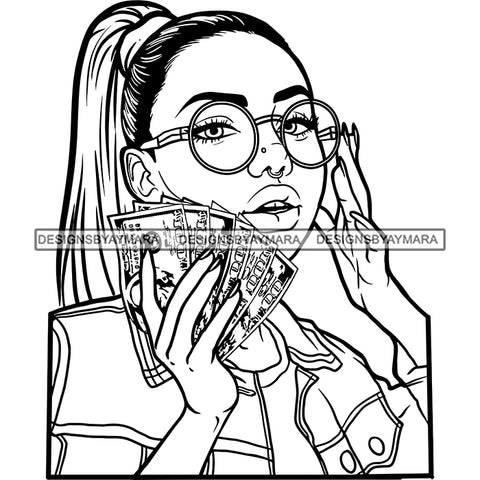 Sexy Gangster Diva Gangsta Woman Money Spread Messy Bun Glasses Badass Hustler Hustling Savage Melanin Nubian Hipster Ghetto Street Girl SVG JPG PNG Vector Clipart Cricut Silhouette Cut Cutting