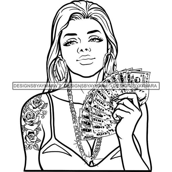 Sexy Gangster Diva Gangsta Woman Holding Money Spread Gold Chain Flowers Tattoo Badass Hustler Hustling Savage Caucasian Hipster Ghetto Street Girl SVG JPG PNG Vector Clipart Cricut Silhouette Cut Cutting