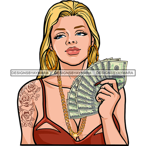 Sexy Gangster Diva Gangsta Woman Holding Money Spread Gold Chain Flowers Tattoo Badass Hustler Hustling Savage Caucasian Hipster Ghetto Street Girl SVG JPG PNG Vector Clipart Cricut Silhouette Cut Cutting