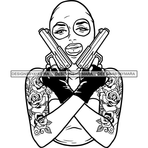 Sexy Gangster Diva Gangsta Badass Woman Holding Guns Ski Mask Arm Sleeve Tattoo Hustler Hustling Savage Melanin Nubian Hipster Ghetto Street Girl SVG JPG PNG Vector Clipart Cricut Silhouette Cut Cutting