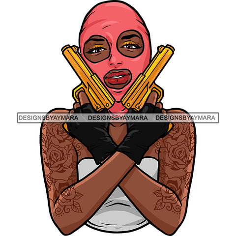 Sexy Gangster Diva Gangsta Badass Woman Holding Guns Ski Mask Arm Sleeve Tattoo Hustler Hustling Savage Melanin Nubian Hipster Ghetto Street Girl SVG JPG PNG Vector Clipart Cricut Silhouette Cut Cutting