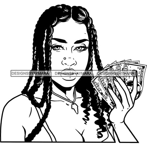 Sexy Gangster Diva Gangsta Woman Holding Money Spread Braids Hairstyle Badass Hustler Hustling Savage Melanin Nubian Hipster Ghetto Street Girl SVG JPG PNG Vector Clipart Cricut Silhouette Cut Cutting